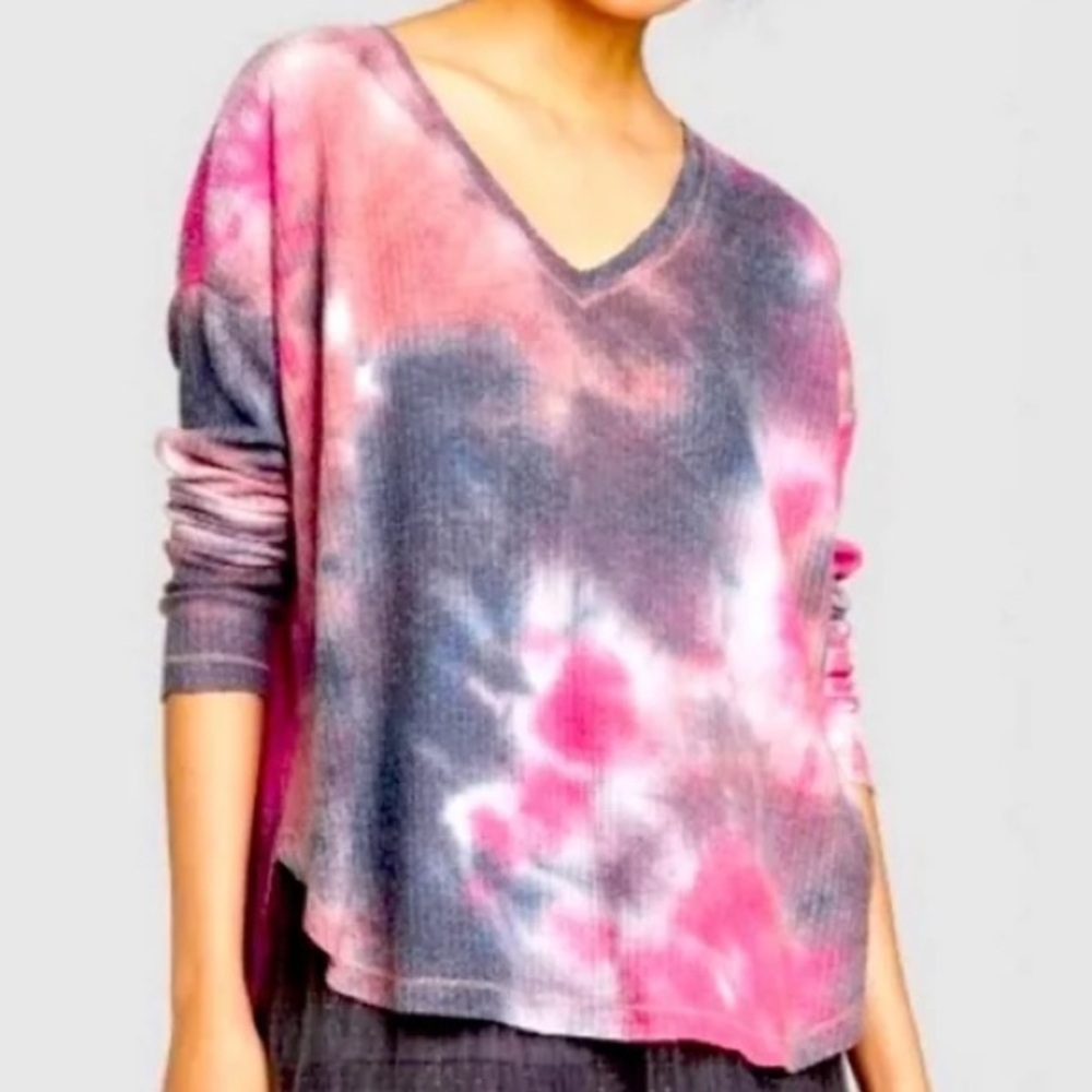 Wild Fable Pink Purple Tie-Dye V-Neck Waffle Knit Long Sleeve Oversized T-Shirt
